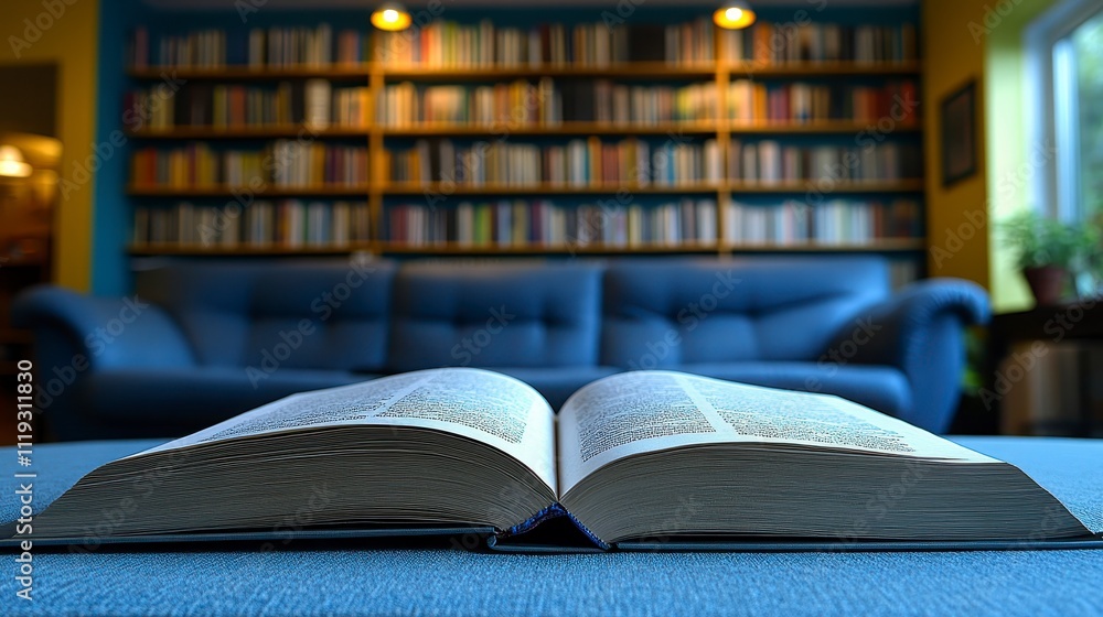 Fototapeta premium Open Book on Couch Library Background Home Reading Knowledge