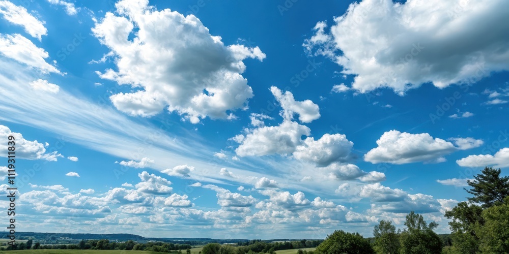 A breathtaking panoramic view of a vibrant blue sky adorned with fluffy cumulus clouds and wispy cirrus streaks, overlooking a tranquil landscape of lush green fields and trees. A breathtaking panoramic view of a vibrant blue sky adorned with fluffy cumulus clouds and wispy cirrus streaks, overlooking a tranquil landscape of lush green fields and trees.