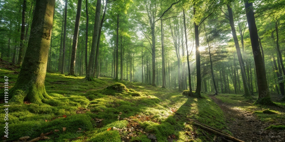 Fototapeta premium Sunlit Path Through a Lush, Mossy Forest with Beams of Light Filtering Through the Canopy