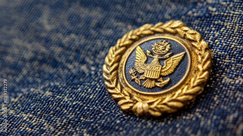 Gold Eagle Emblem Pin on Denim Close up Detail Gold Eagle Emblem Pin on Denim Close up Detail