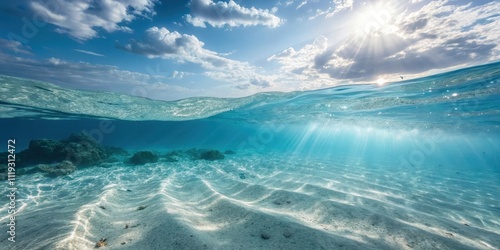 A Serene Underwater Seascape Sunbeams Illuminate the Ocean Floor, Showing a Sandy Bottom and Coral Reef