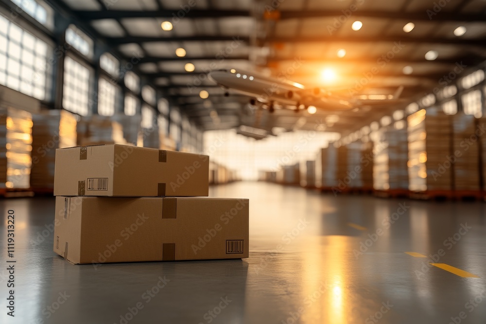 A spacious warehouse filled with neatly stacked boxes and an airplane visible in the background, representing global trade and logistical operations. A spacious warehouse filled with neatly stacked boxes and an airplane visible in the background, representing global trade and logistical operations.
