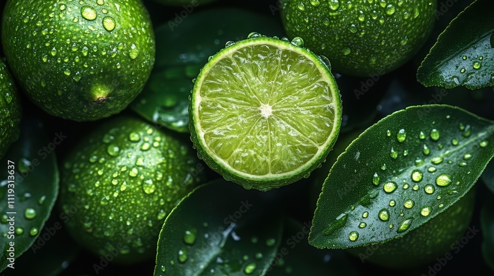 Fresh Green Limes with Water Droplets in a Top View Fresh Green Limes with Water Droplets in a Top View