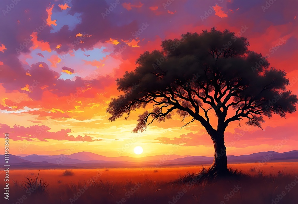 Fototapeta premium Amazing sunset and sunrise.Panorama silhouette tree in africa with sunset. Dark tree on open field dramatic sunrise.Safari theme.Giraffes , Lion , Rhino