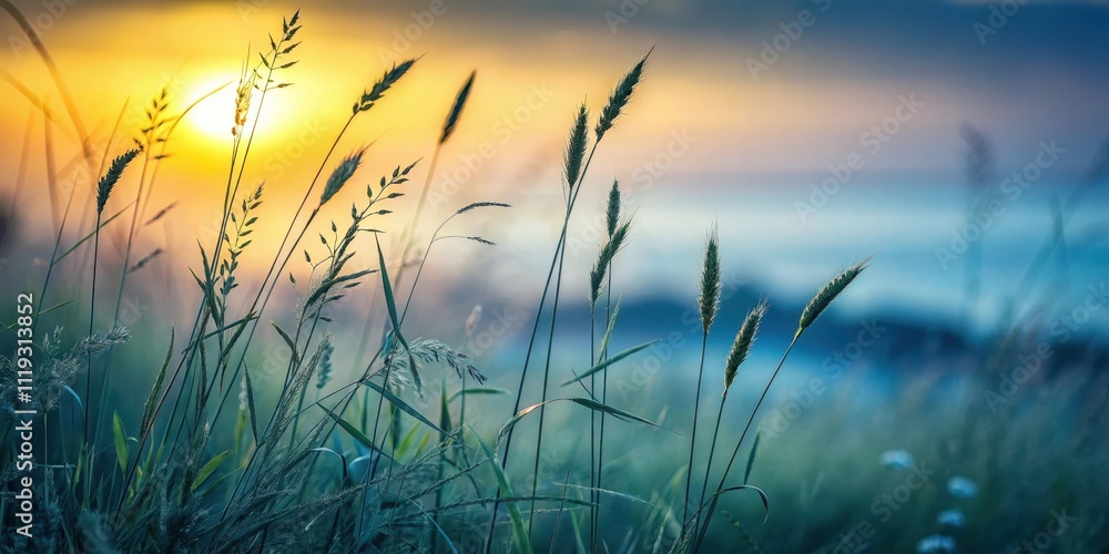 Obraz premium Golden hour serenity Tall grasses silhouetted against a vibrant sunset, evoking peace and tranquility