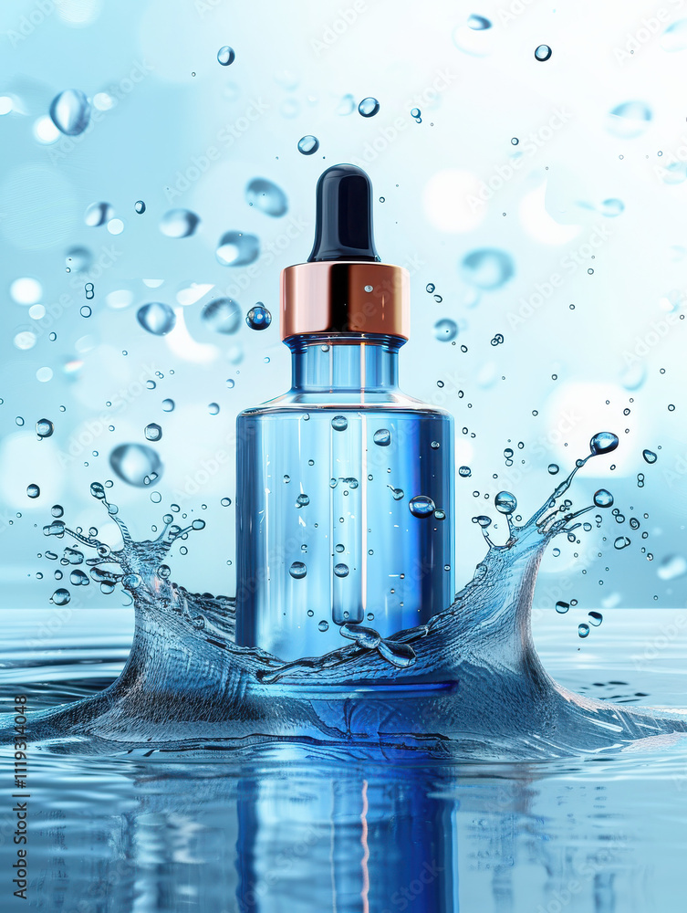A blue glass dropper bottle splashes in water, suggesting skincare or cosmetic use. A blue glass dropper bottle splashes in water, suggesting skincare or cosmetic use.
