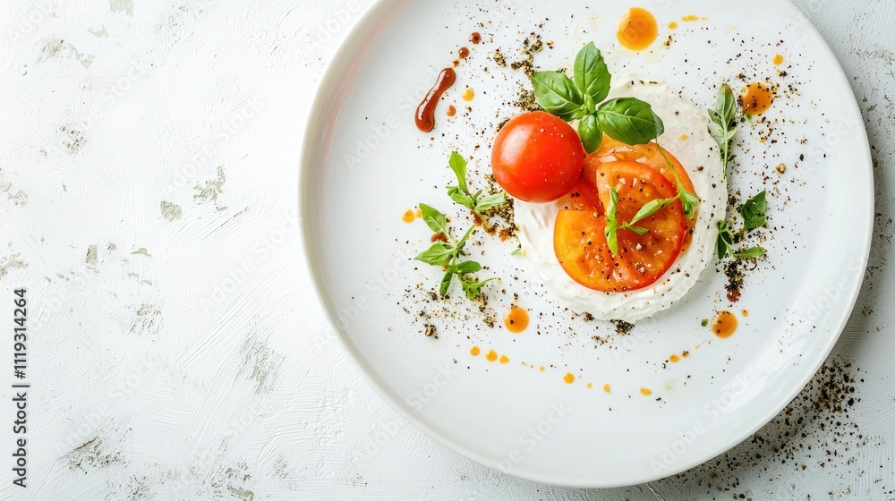A simple, elegant plate of food, with artistic presentation, viewed from a top-down angle A simple, elegant plate of food, with artistic presentation, viewed from a top-down angle