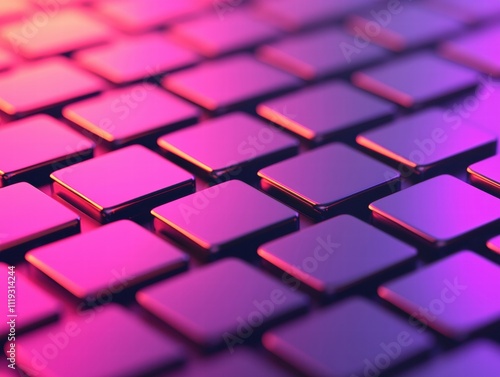 A close-up view of a keyboard with vibrant purple and blue lighting, showcasing the sleek, glossy keys in a modern aesthetic.