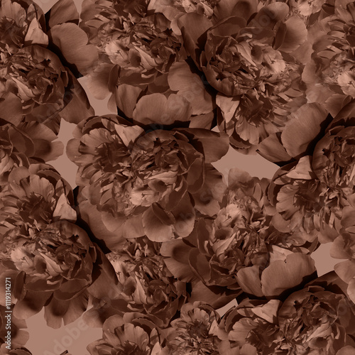 Seamless pattern of fresh light brown peonies.