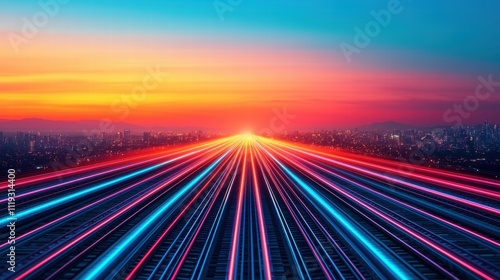 A vibrant sunset scene with radiant lines of light converging towards the horizon, creating a sense of motion and depth against a colorful sky.