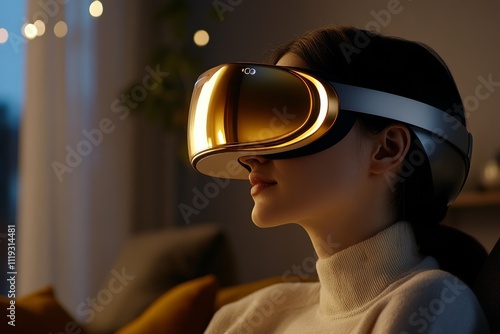 A woman sits indoors, immersed in a golden virtual reality headset, conveying deep engagement with virtual worlds and advanced simulation technology experiences. photo