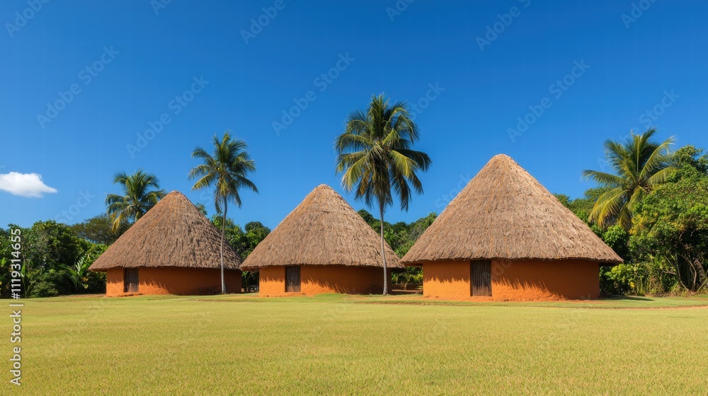 Three traditional huts with thatched roofs stand in a lush green landscape under a clear blue sky, surrounded by palm trees. Three traditional huts with thatched roofs stand in a lush green landscape under a clear blue sky, surrounded by palm trees.