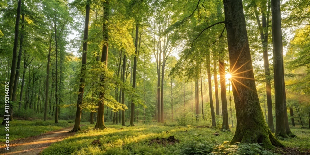 Obraz premium Golden sunlight streams through a dense forest, illuminating a tranquil path
