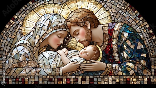 Stained glass depiction of a holy family with newborn child.