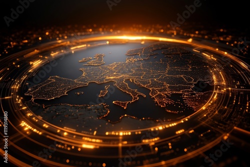 A radiant representation of Europe glowing within a digital framework, encircled by advancements, capturing the essence of modern technological achievements. photo