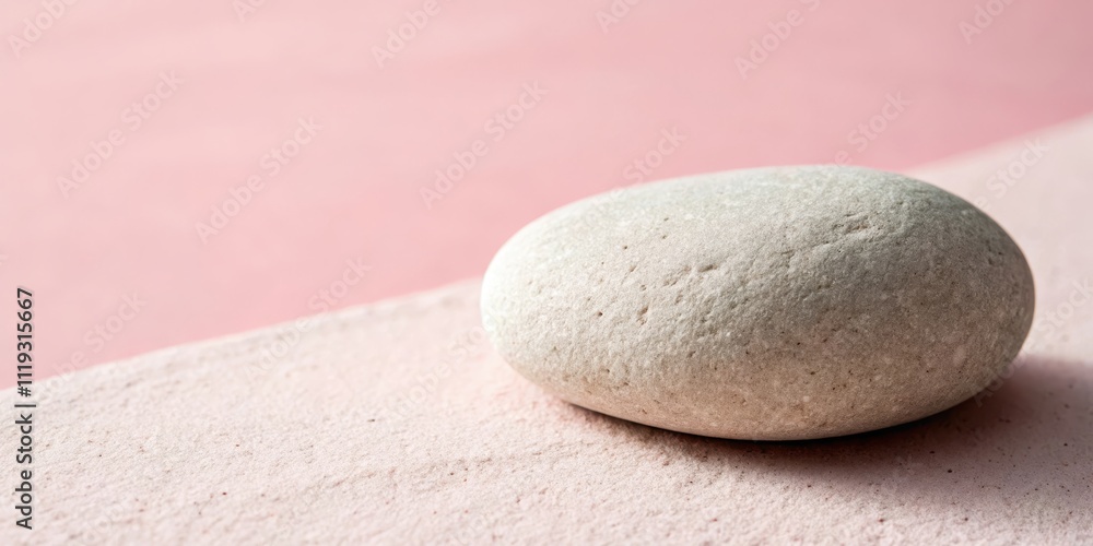 A single, smooth, light grey stone rests gently on a soft pink surface, creating a serene and minimalist scene. A single, smooth, light grey stone rests gently on a soft pink surface, creating a serene and minimalist scene.