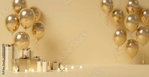 Gold Balloons and Gift Boxes, Luxurious Celebration 3D Render