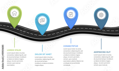 Road infographics template with four elements with place for your icons and text, vector eps10 illustration