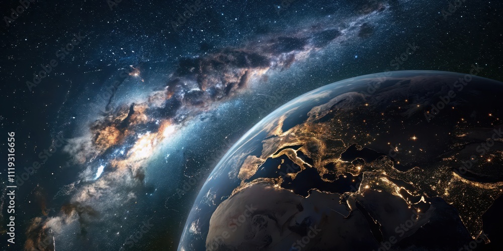 Obraz premium A Celestial Dance Earth's Nightlights Against a Galaxy's Embrace