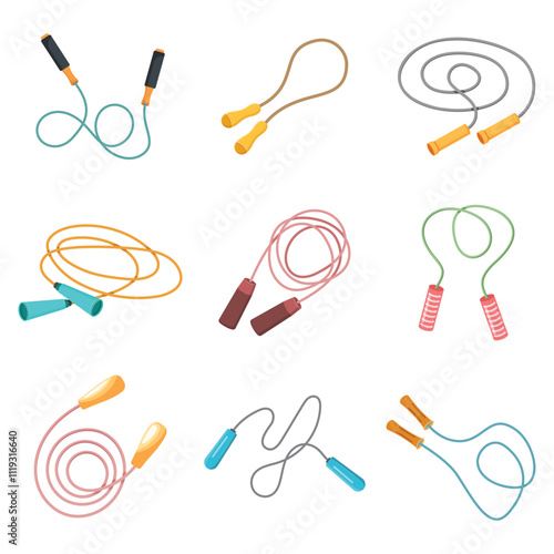 Jumping rope icon set collection in flat style. Gymnastic equipment vector illustration on isolated background. Training instrument sign business concept.