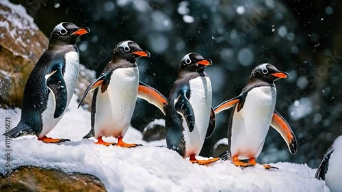 This charming image features four gentoo penguins walking in snowy surroundings. The playful scene highlights the beauty of winter wildlife. Perfect for nature lovers and enthusiasts. Generative AI