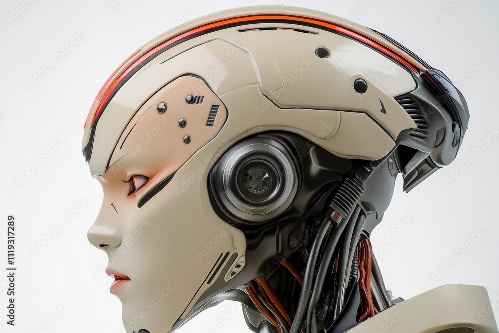 Fototapeta premium A side profile view of a sophisticated humanoid robot showcasing intricate mechanical detailing and a sleek, futuristic helmet design in a bright setting.