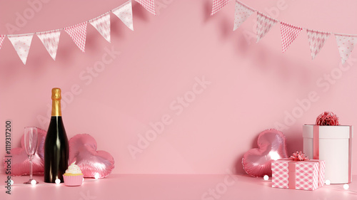 Elegant Pink Celebration with Champagne and Heart Balloons 3D Render.