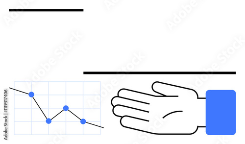 Hand with open palm, blue sleeve next to declining line chart with blue dots, grid. Ideal for business, finance, support, crisis, data analysis economic downturn assistance. Line metaphor