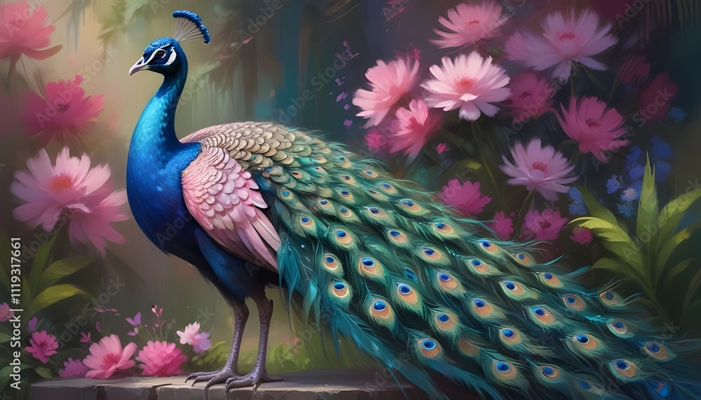 Fototapeta premium A colorful peacock with vibrant green, blue, and pink feathers