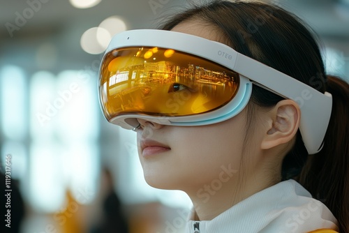 A woman wearing a futuristic virtual reality headset, showcasing advanced technology and immersion, symbolizing modern innovation and the digital age.