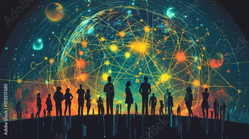 Global Network: Humanity Connected Against the backdrop of a vibrant, interconnected Earth and cosmic expanse, a diverse group of people stand silhouetted, symbolizing global unity and shared experien photo