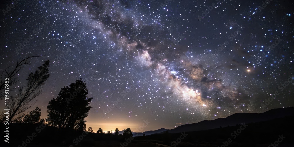 Fototapeta premium A Celestial River Flows Across the Night Sky, Silhouetted by Trees and Mountains