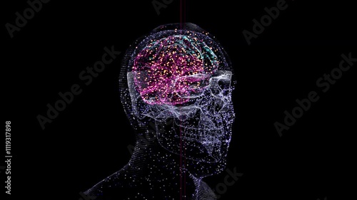 Scanning skull with brain. Signal transduction by neurons.