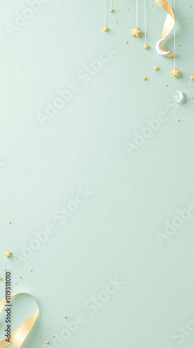 Elegant Hanging Stars and Moons with Gold Ribbon on a Seafoam Green Background