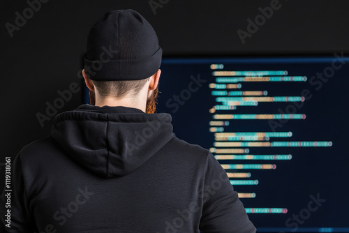 Secret hacker organization workspace, IT specialist analyzing data, large screen displaying complex code, intense atmosphere of innovation and secrecy photo