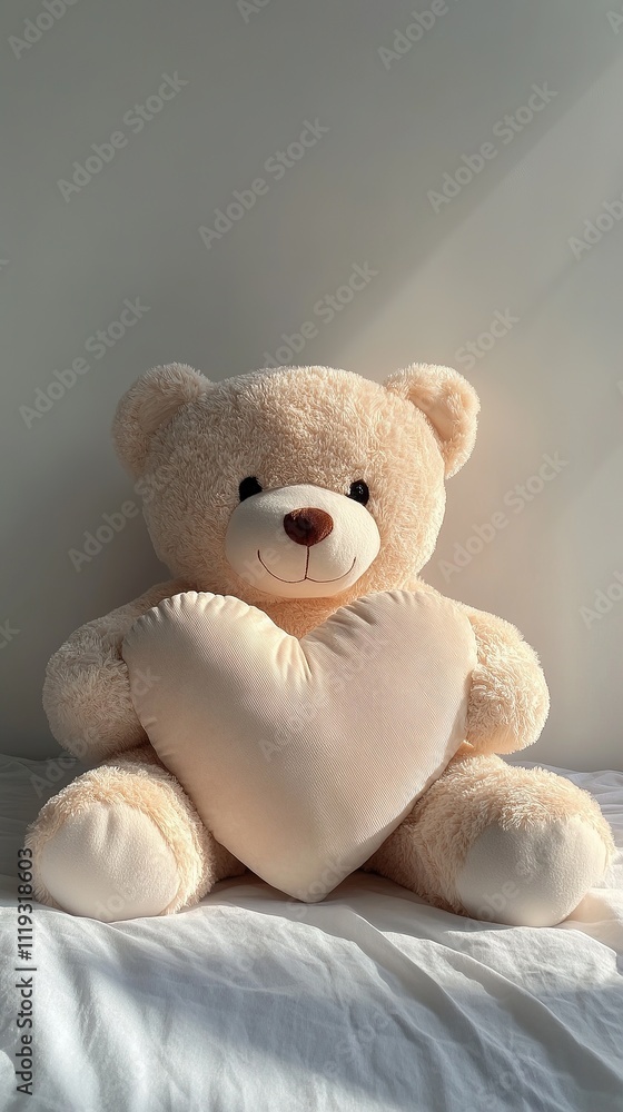 A cute teddy bear sitting with a large heart in its lap. A cute teddy bear sitting with a large heart in its lap.