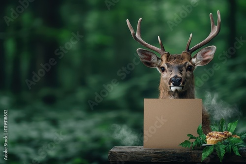 Serene Deer with Antlers Holding Blank Scroll in Forest Setting photo