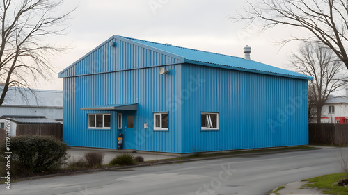 Wallpaper Mural A small blue industrial warehouse with a compact design, set in a suburban area with minimal surroundings Torontodigital.ca