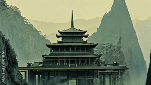 Wallpaper Mural Majestic temple surrounded by mountains and mist in an ancient landscape at dawn Torontodigital.ca