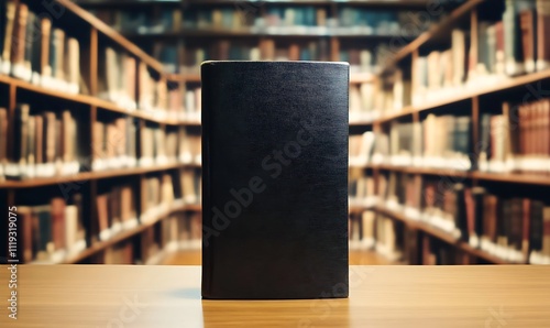 Black book standing on table in a classic library setting, Generative Ai photo