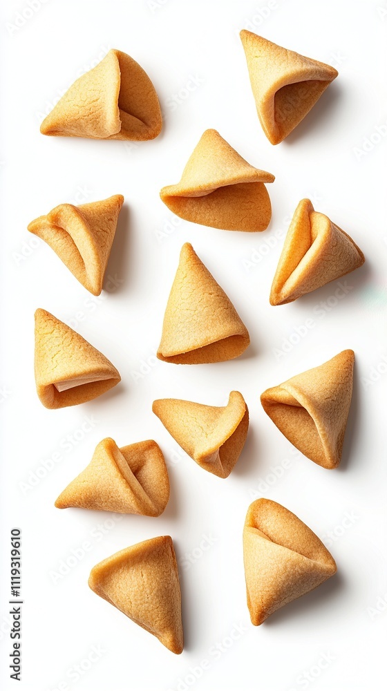 A group of fortune cookies scattered on a clean white background. A group of fortune cookies scattered on a clean white background.
