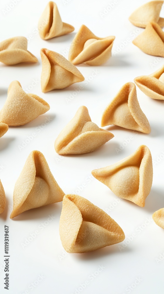 A group of fortune cookies scattered on a clean white background. A group of fortune cookies scattered on a clean white background.