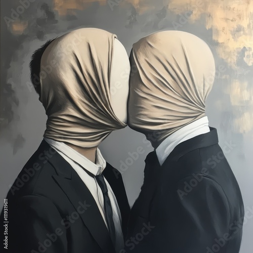 A surreal and symbolic depiction of a couple kissing, their heads wrapped in cloth. The faceless imagery evokes themes of hidden emotions and intimate connection in a modern, abstract style. AI photo