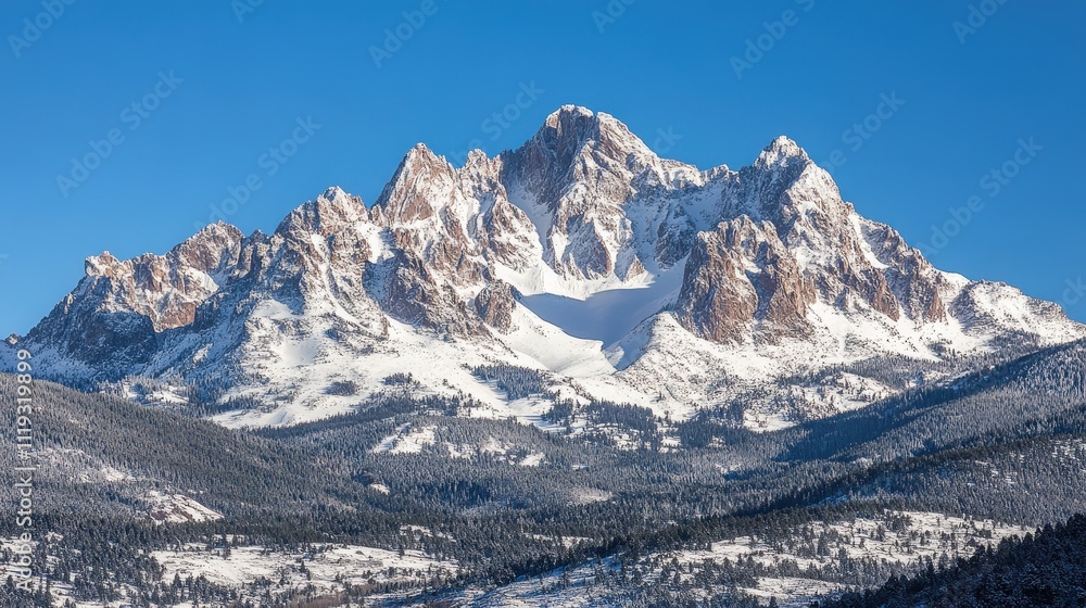 Rugged mountain peaks covered in snow under a clear, crisp winter sky Rugged mountain peaks covered in snow under a clear, crisp winter sky
