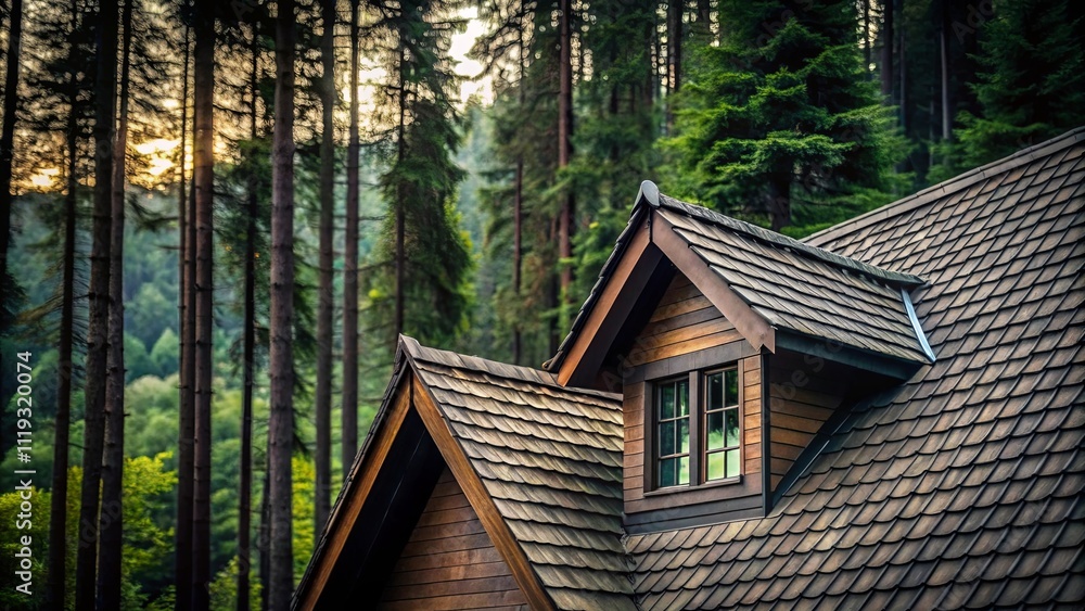 Rustic wooden home nestled in a serene forest setting with a charming dormer window and wood shake roof Rustic wooden home nestled in a serene forest setting with a charming dormer window and wood shake roof