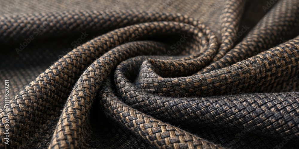 Close-up of a swirled, textured fabric with a woven pattern in shades of brown and black Close-up of a swirled, textured fabric with a woven pattern in shades of brown and black