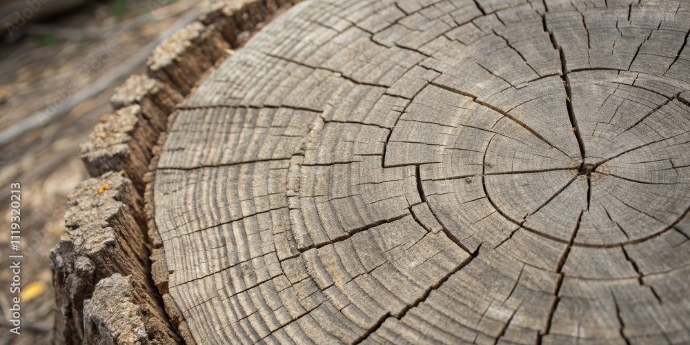 Fototapeta premium Close-up view of a weathered tree stump, displaying intricate concentric rings and radial cracks in the wood grain