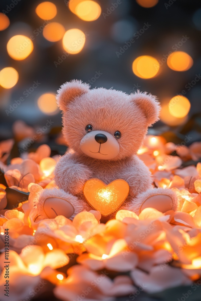 Fototapeta premium Cute Teddy Bear Sitting in Glowing Heart Bed Cozy Room Soft Lighting Warm Atmosphere Whimsical Concept