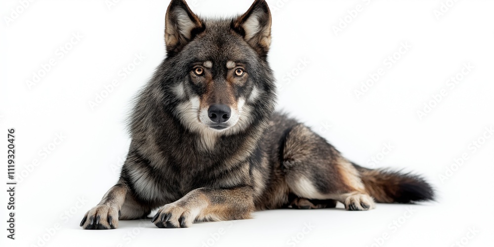 Studio photo of a wolf isolated against a white background. Wildlife and conservation concept, space for copy. Studio photo of a wolf isolated against a white background. Wildlife and conservation concept, space for copy.