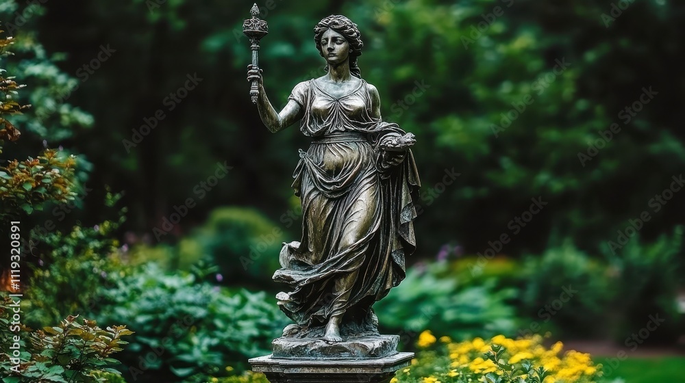 Serene Bronze Statue in Lush Garden Setting Serene Bronze Statue in Lush Garden Setting